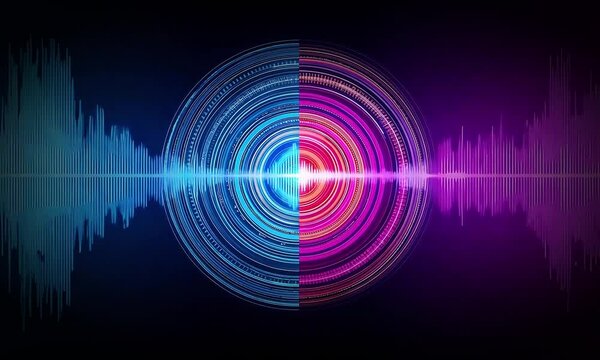Abstract powerful music beats, vibrant soundwaves pulsating from a booming music box. Dj party music background