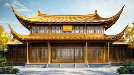 Naklejka premium Golden traditional building with ornate architecture surrounded by greenery