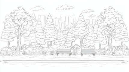 Obraz premium Park benches in serene cityscape line art