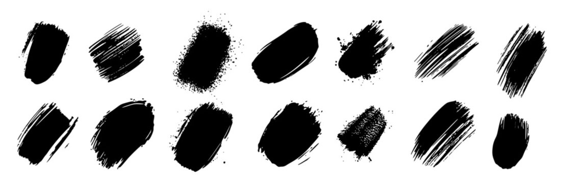 bold collection of grunge brush strokes and splashes in black and white. Includes paint textures, smears, ink stains, distressed patterns, and rough borders for edgy, artistic designs