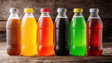 Refreshing Variety Pack of Colorful Carbonated Drinks in Bottles on Wooden Surface