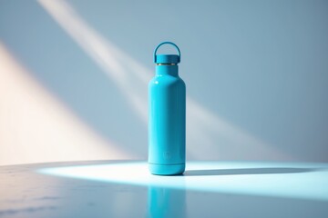 Sleek water bottle stands alone in soft light