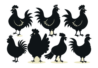 Set of Silhouetted Rooster Heads