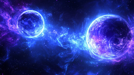 Naklejka premium Two glowing planets connected by swirling nebulae