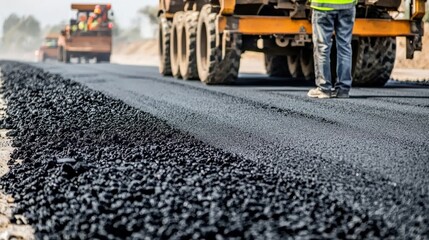 Road construction work in urban area heavy machinery asphalt paving outdoor setting close-up view infrastructure development