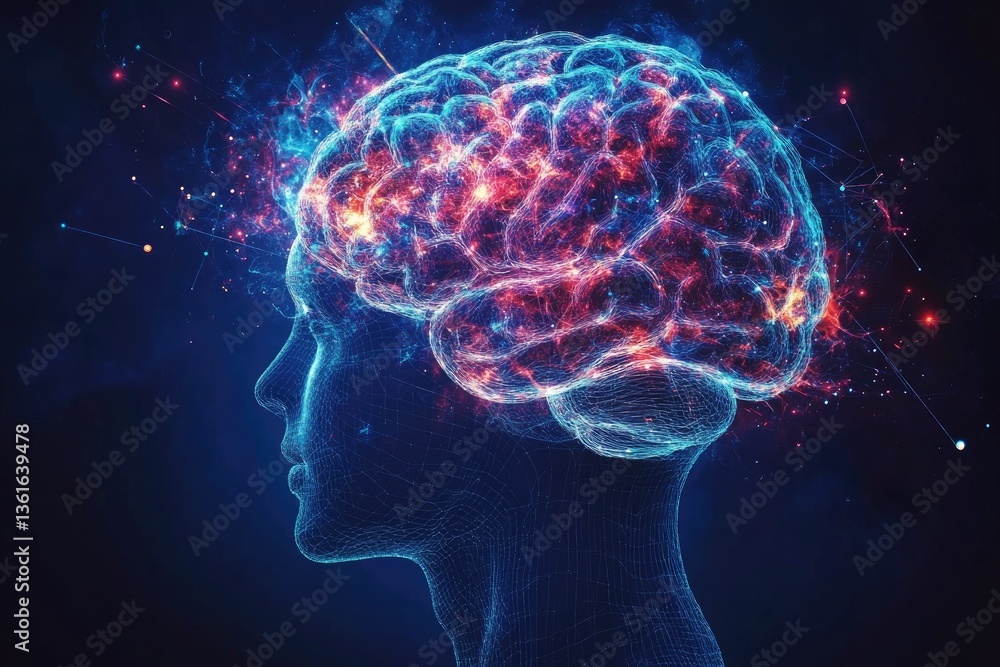 Poster human head with brain activity visualization representing artificial intelligence concept