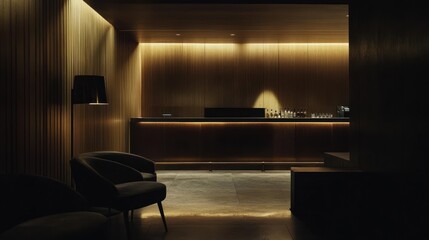 Dark wood bar, lounge chairs, interior, night, hospitality