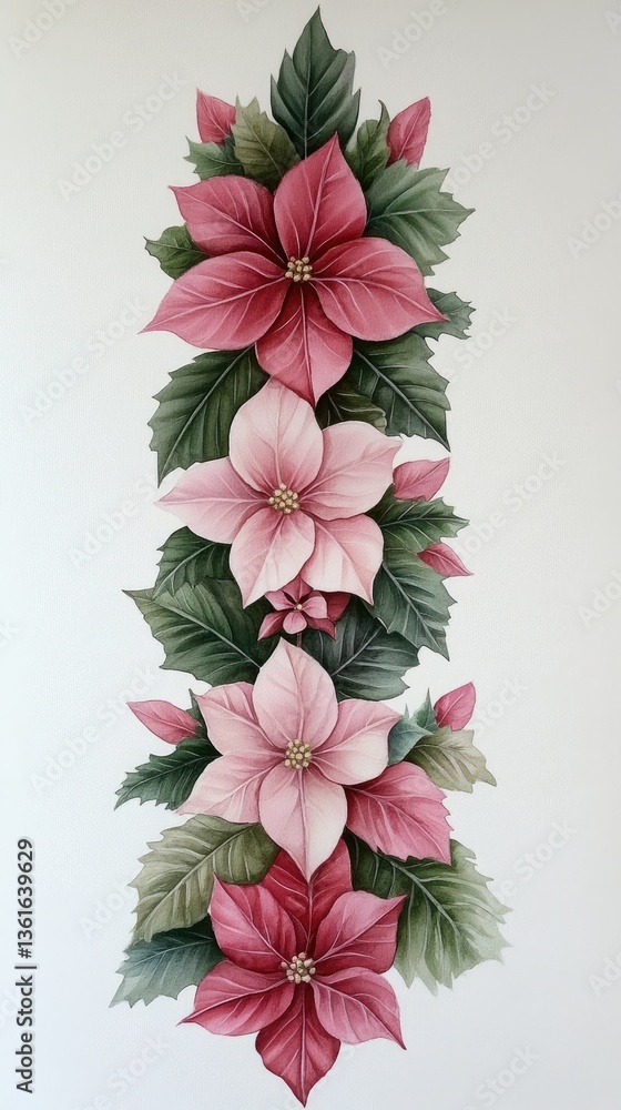 Poster delicate red and pink leaves cascade downward on a soft white backdrop, creating a calming and artis