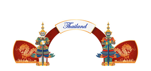 A Thai event arch gate featuring two guardian statues, a "Thailand" sign, and red panels with golden dragon motifs, reflecting traditional Thai culture and architectural design in vibrant colors. © Mr. Creative007