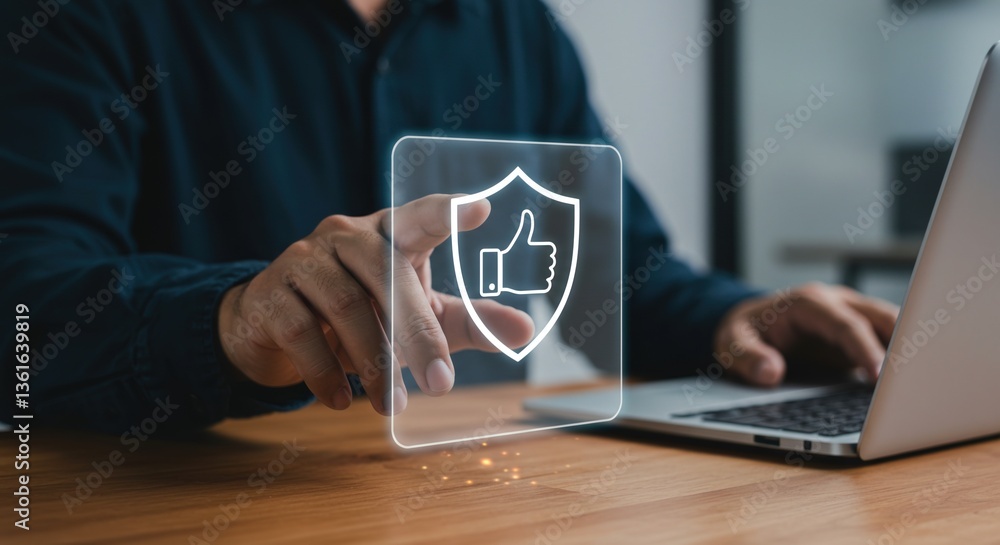 Poster a man in a dark shirt working on a laptop while interacting with a floating transparent shield icon,