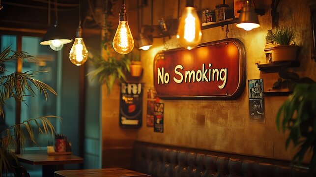 A bilingual "No Smoking" sign in a multicultural café, featuring English, French, and Japanese text, artistic calligraphy, cozy lighting, an eclectic mix of décor reflecting global coffee culture.