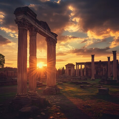Fototapeta premium Sunset over ancient ruins roman forum photography historic site landscape serenity