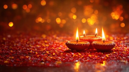 Three lit diya oil lamps on red petals with bokeh background.