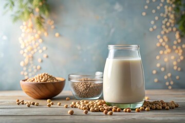 A Refreshing Glass of Soy Milk with Soybeans and a Rustic Background
