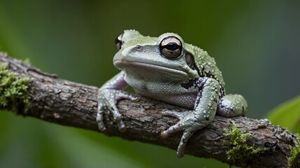 Naklejka premium Cope's Gray Treefrog Perched on a Branch in Camouflage