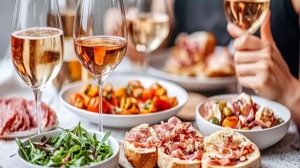 An inviting table setting featuring wine and diverse array of small plates and toasts