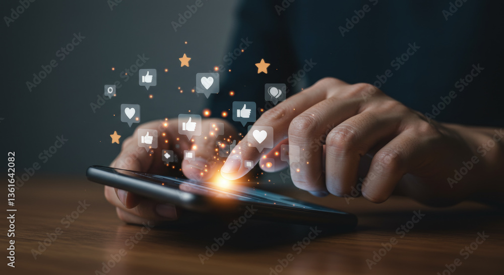 Poster engaging with digital content: a close-up of hands interacting with a smartphone surrounded by float