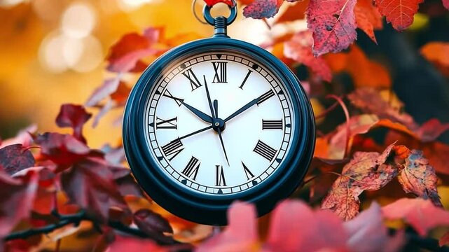 This captivating image shows a vintage clock amidst bright autumn leaves. The interplay of time and nature creates a unique atmosphere. Perfect for seasonal themes. AI