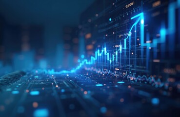 Financial data chart graphs, diagrams with indicators on dark blue blurred background. Stock market growth business investing data concept. Digital financial charts, diagrams, indicators, finance