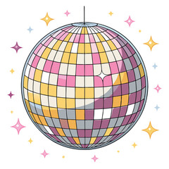 Design a retro 1970s style sticker featuring a disco ball, vibrant colors, and a shiny, reflective surface.  Include a simple, bold outline.