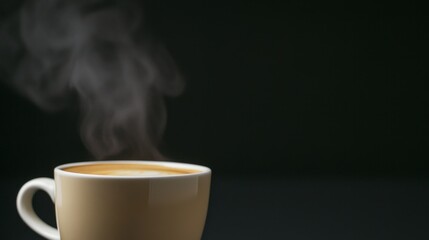 Hot coffee cup with steam rising against a dark background, evoking warmth and comfort