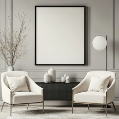 Contemporary decor with symmetrical gold metal armchairs, dark wood console table, black framed blank art, white ceramic vase, modern floor lamp