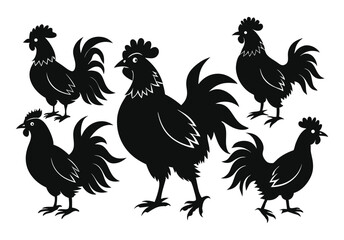 Set of Silhouetted Rooster Heads