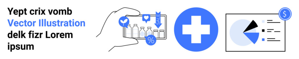 Obraz premium Hand holding smartphone tracking medications, blue medical cross, and data-driven analytics chart. Ideal for healthcare, technology, telemedicine, data visualization, drug management, research