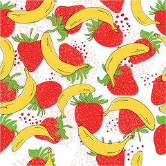 Cartoon banana, strawberry - seamless pattern. Doodle Yellow, red tropical fruits, one banana, bunch on white background. Hand drawn. Vegetarian food. Minimalistic style. Black line. Vector