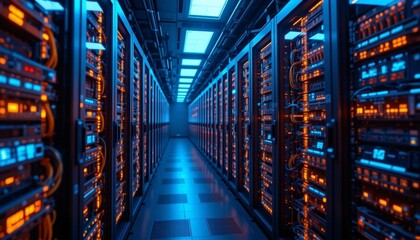 Obraz premium Futuristic Data Center with Glowing LED Server Racks – High-Tech Network Infrastructure.