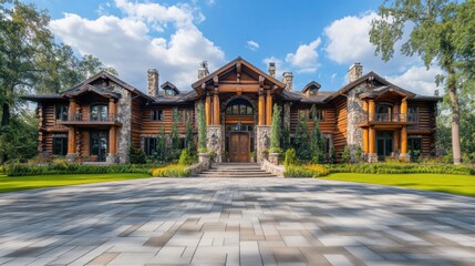 Fototapeta premium Grand log mansion with lush landscaping under a bright blue sky