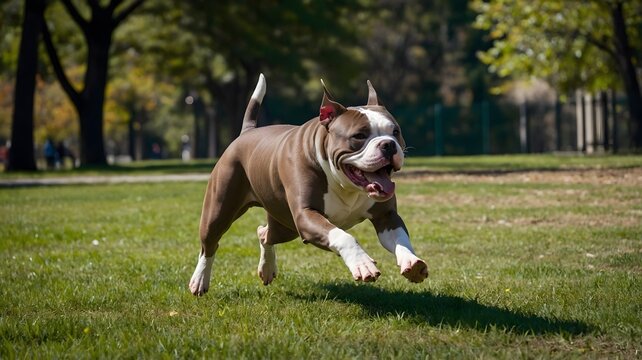American Bully Leaping to Catch Frisbee in Park, Showcasing Athletic Build - Powered by Adobe