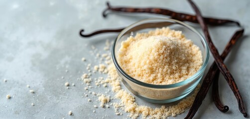 Vanilla bean seeds mixed with sugar in glass container. Vanilla pods background. Ingredients for baking desserts, cooking, making pastries, vanilla extract. Culinary, aromatic spices for homemade