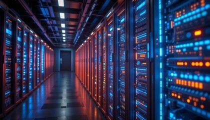 Futuristic Data Center with Glowing LED Server Racks – High-Tech Network Infrastructure.