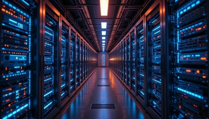 Fototapeta premium Futuristic Data Center with Glowing LED Server Racks – High-Tech Network Infrastructure.