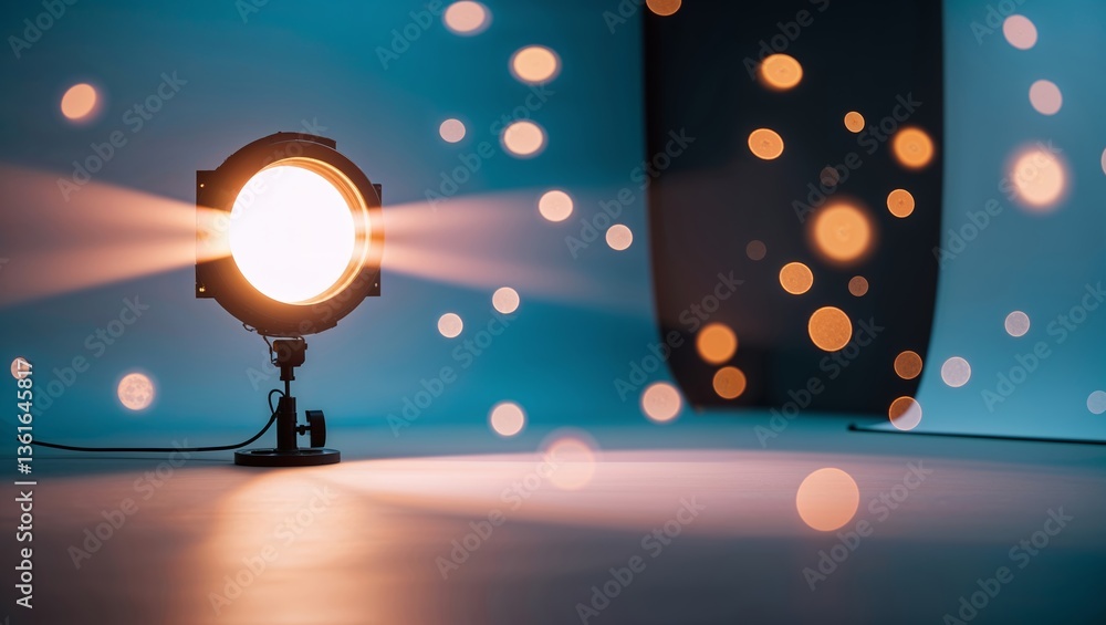 Poster radiant spotlight illuminating a backdrop with blurred bokeh lights in a studio setting during eveni