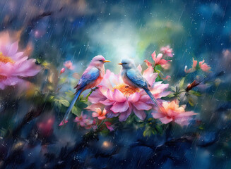 Two birds perched on pink flowers with a blurred dreamy background, creating a serene and peaceful atmosphere.