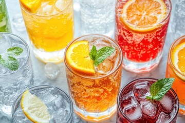 Fototapeta premium Refreshing Summer Cocktails: A Colorful Collection of Sparkling Citrus Drinks with Mint