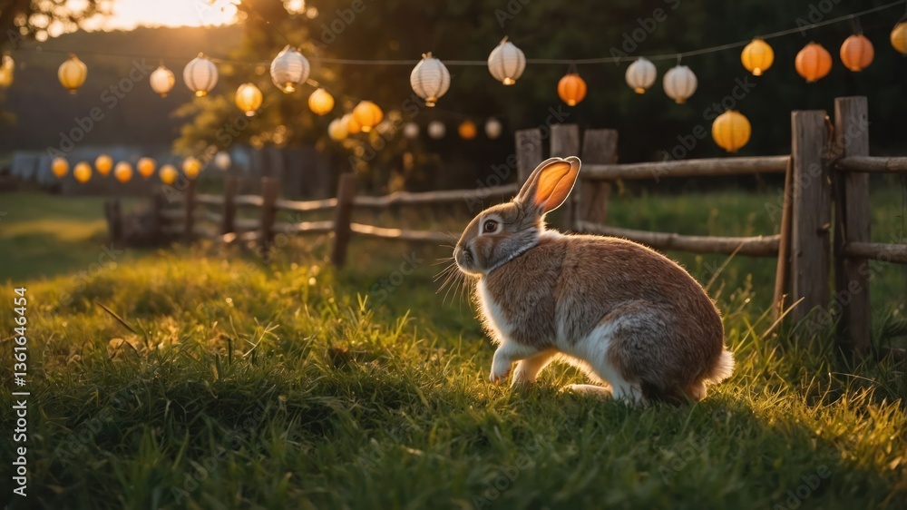 Poster a rabbit sits in a sunlit field with lanterns hanging in the background.