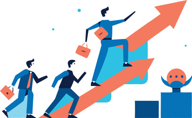 AI and Artificial Intelligence supporting business success: Technology and innovation opening new opportunities and driving business growth. Business professionals walk on a robot hand pointing upward