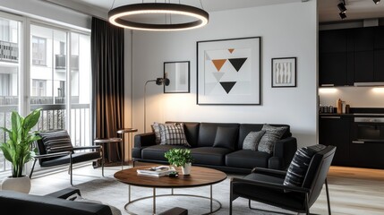 Modern apartment living room, natural light, minimalist decor