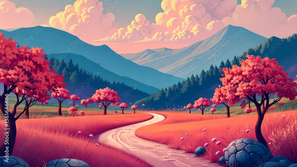 Aufkleber a beautiful landscape with a large mountain range and a lake. the sun is setting and the sky is fill