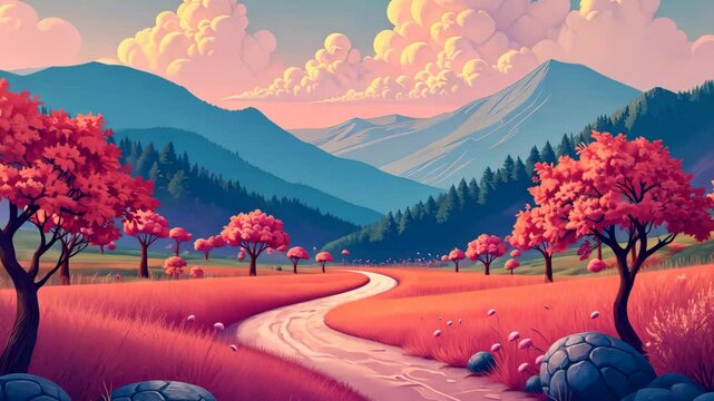 A beautiful landscape with a large mountain range and a lake. The sun is setting and the sky is filled with clouds
