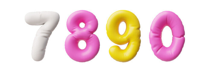 3d numbers 7,8,9,0 in balloon style in bright pink, yellow, white shades