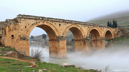 Fototapeta premium Ancient Ruins in a Misty Valley with Massive Stone Bridge