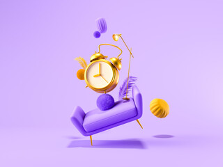 Modern 3D illustration in a minimalistic style. A purple sofa, a golden retro alarm clock, and floating fluffy spheres. A concept of time, comfort, and creativity.