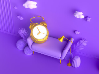 3D illustration of a surreal purple room with a golden alarm clock resting on a sofa. A place where time slows down, inviting deep relaxation and a fresh morning restart.