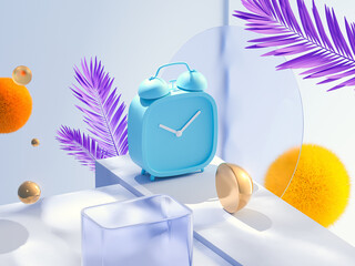 Blue alarm clock on a white surface with geometric shapes and purple leaves. Time waits for no one. 3D illustration.