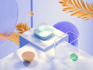 Digital clock showing 10:05 on a white surface with geometric shapes and purple leaves. The future is now. 3D illustration.