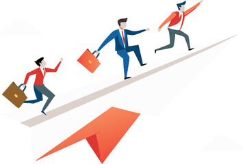 Winning as a team: Business success through teamwork, strong leadership, strategic direction, motivation, and aspirations. A manager guides employees on an origami paper airplane, representing vision 